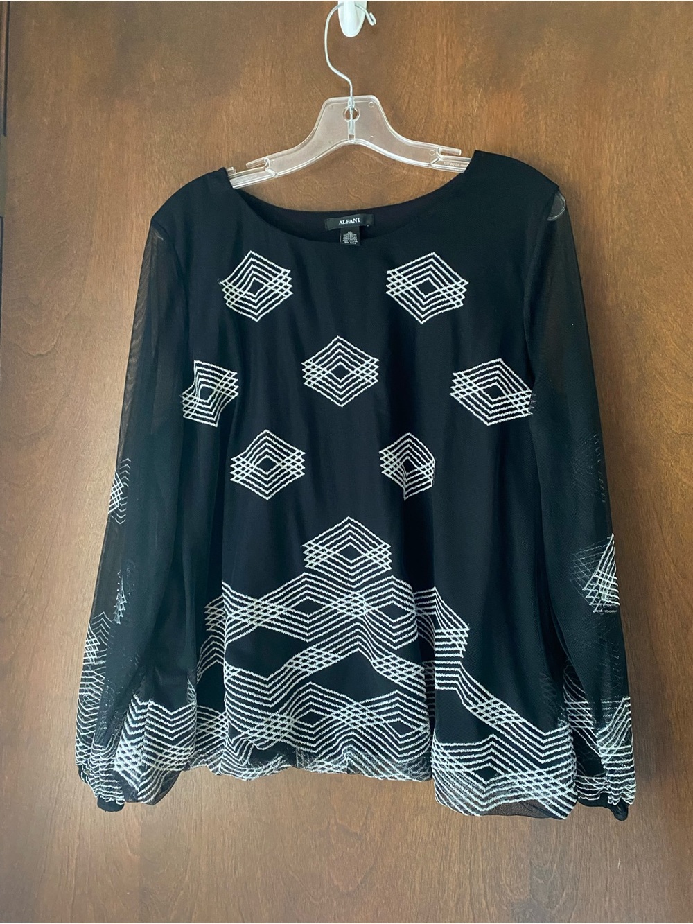 Alfani Black and White Geometric Embroidered Long Sleeve Blouse